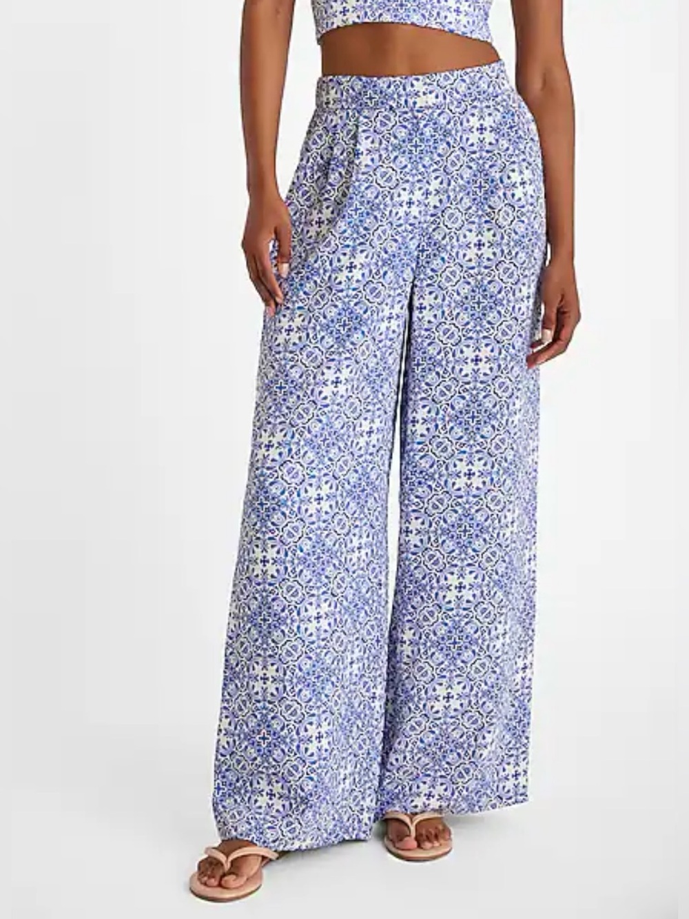 Express Women’s Blue White Tile Print Wide Leg Pants Size L High Rise Pull On